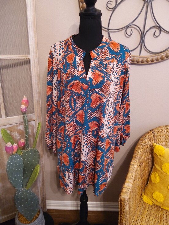 Dear Scarlett Tops - Dear Scarlett Teal and Orange Abstract Print Tunic